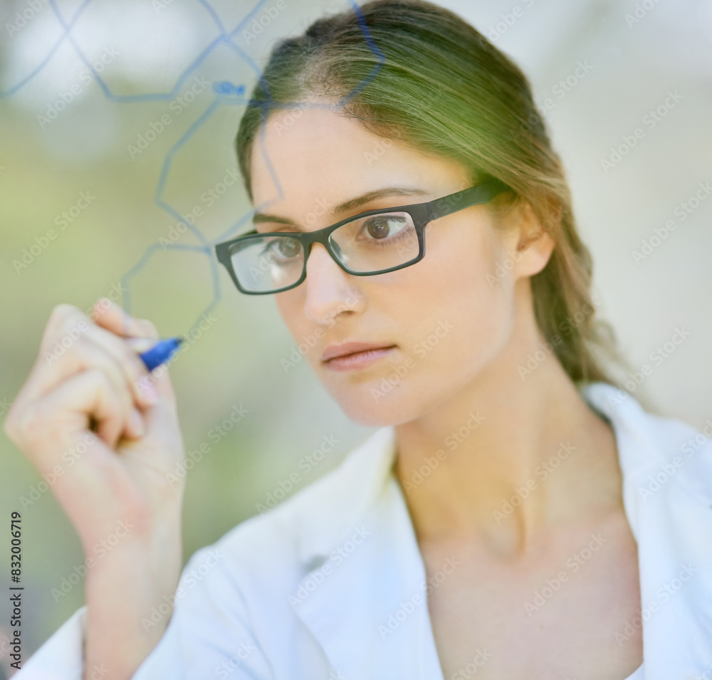 Formula, glass and science with woman writing on board in laboratory for equation or solution. Face, healthcare and medical with scientist in hospital for pharmaceutical breakthrough or research Formula, glass and science with woman writing on board in laboratory for equation or solution. Face, healthcare and medical with scientist in hospital for pharmaceutical breakthrough or research