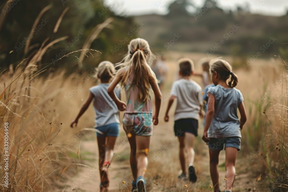 Group of children running in the field. Kids run in the field. Group of children running in the field. Kids run in the field.