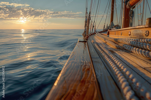 Sailboat with wooden deck, mast, and ropes against a calm sea and clear sky © Veniamin Kraskov