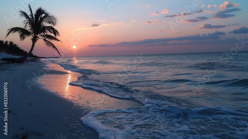 a serene beach at sunset with a palm tree on the left side and the sun setting on the horizon. The waves are gently rolling onto the shore  creating a soft white foam