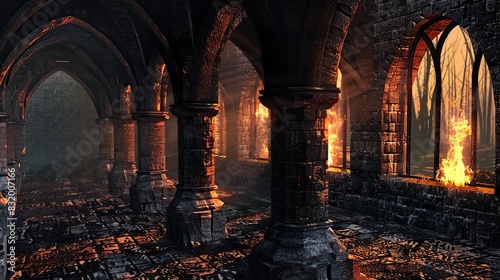 Eternal Flames, Fire Illuminates Ancient Stone Arches. Generative Ai photo