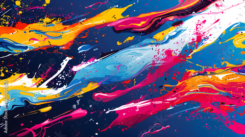An abstract background featuring overlapping paint splashes. Use a variety of bright colors and dynamic shapes to create a sense of spontaneity and creative expression, reminiscent of action pa