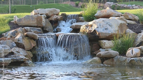 A serene waterfall cascading over rocks into a pond, surrounded by grass and boulders.