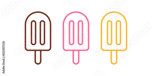 Logo popsicle. Grupo de silueta con líneas de helados de paleta sabores fresa, chocolate y vainilla 