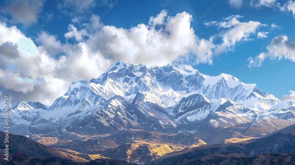 a snow-capped mountain range against a blue sky with white clouds. The mountains have a golden hue from the sunlight.