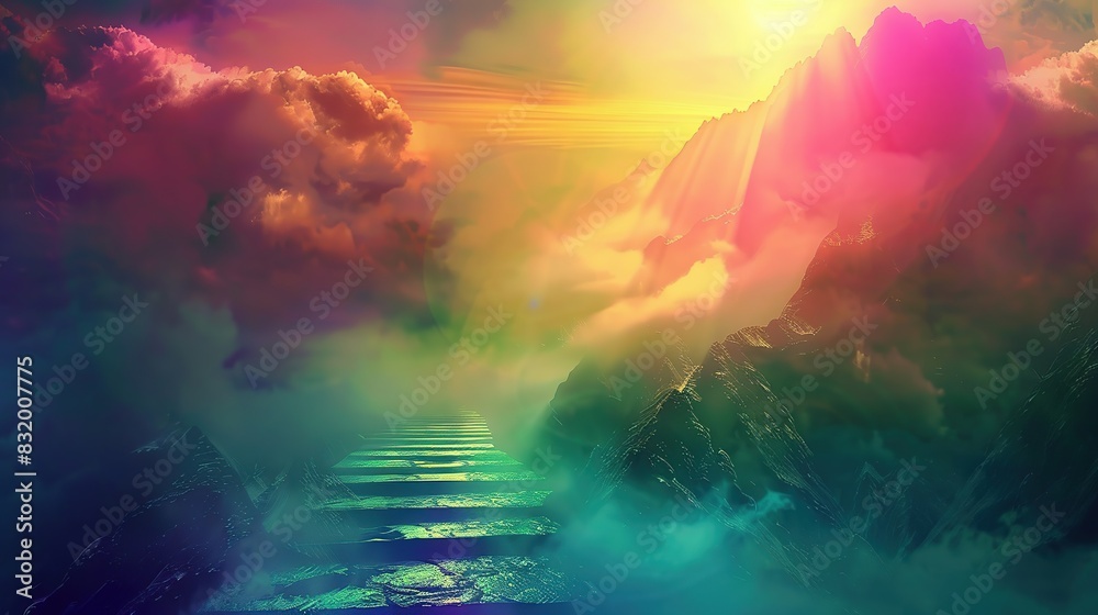 Ethereal Ascent, Digital Art of a Meditative Path to Heaven. Generative Ai