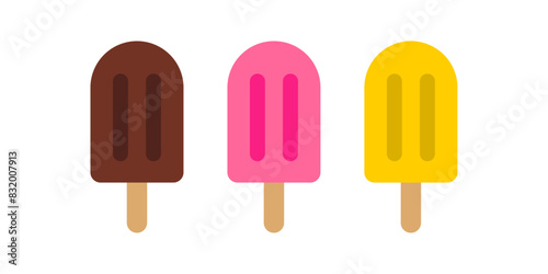 Logo popsicle. Grupo de helados de paleta sabores fresa, chocolate y vainilla 