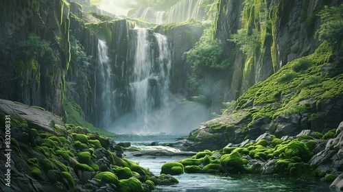A waterfall cascades into a river surrounded by mossy cliffs. photo