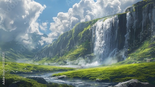 A waterfall cascades into a river below, surrounded by a grassy field and a blue cloudy sky. photo
