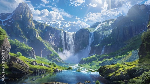 a waterfall surrounded by mountains and a blue sky with clouds.