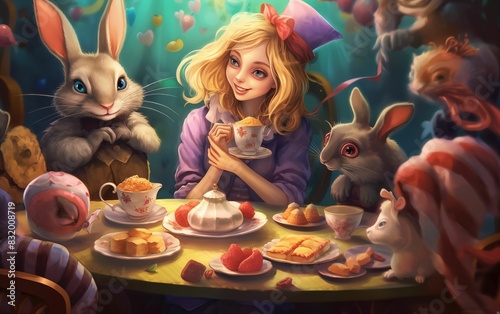 Alice in Wonderland at the Mad Hatter's tea party