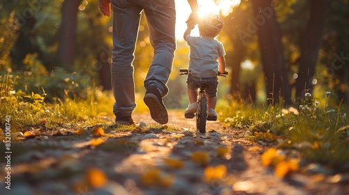 A man helps his son learn to ride a bicycle photo