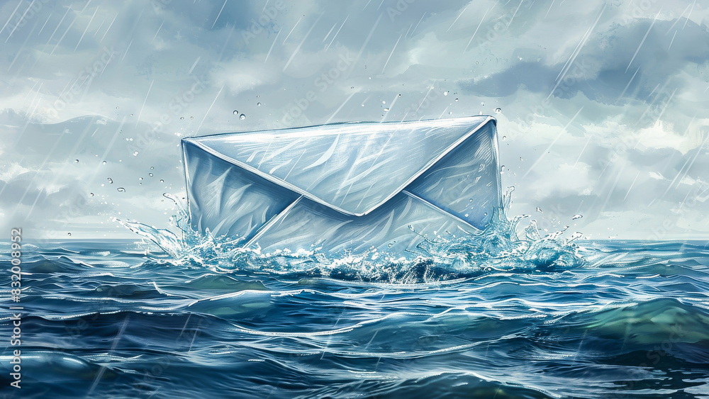 Obraz premium Digital illustration of an envelope floating in a stormy ocean with rain and waves, emphasizing communication and nature elements.