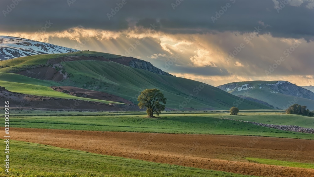 A tree standing in a field with majestic mountains in the background