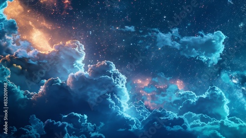 A cosmic landscape with clouds made of financial security symbolizing the peace of mind that comes with using crypto cloud storage for your assets. photo