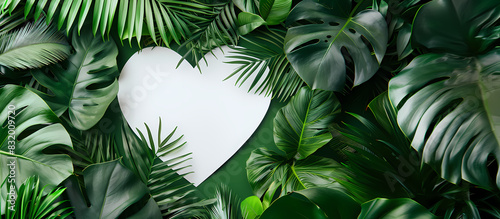 Tropical nature background with green leaves and white heart shaped paper for copy space. Top view. Flat lay. Creative advertising. Summer and love concept. --ar 16:9  photo