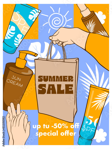 summer sale of hand and body creams, banner with drawn elements of hands and jars of cream