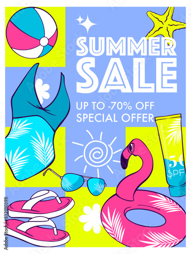 bright summer banner with summer sale, with drawn summer attributes.