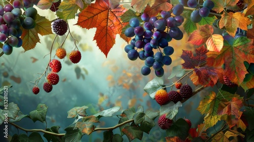 Colorful woodbine leaves and fruits hanging in the trees photo