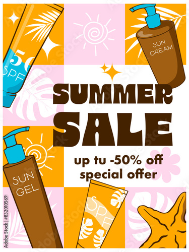 summer sale of hand and body creams, banner with drawn elements of hands and jars of cream