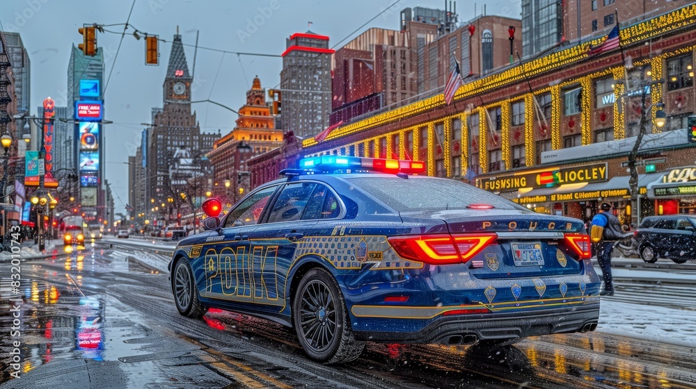 Obraz premium Police car lights at night. Bright colors.
