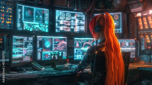 Young hacker girl with vibrant hair and cybernetic enhancements, sitting in a dimly lit room filled with monitors.