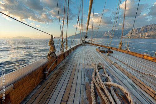 Sailboat deck with wooden planks, mast, and ropes set against a vast sea © Veniamin Kraskov