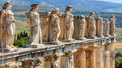 Ethereal Heritage, Stone Figures and Columns in a Greek Temple. Generative Ai photo