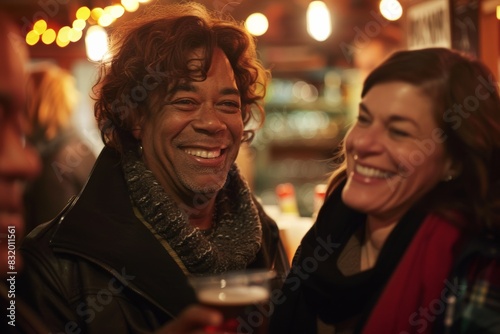 Couple drinking beer in a pub  smiling and looking at each other