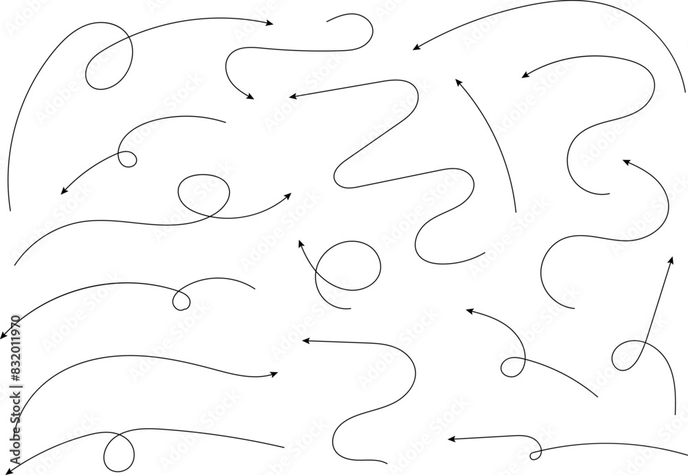 Hand drawn arrows. Hand drawn freehand different curved lines, swirls arrows. Curved arrow line. Doodle, sketch style. Isolated Vector illustration. Hand drawn arrows. Hand drawn freehand different curved lines, swirls arrows. Curved arrow line. Doodle, sketch style. Isolated Vector illustration.