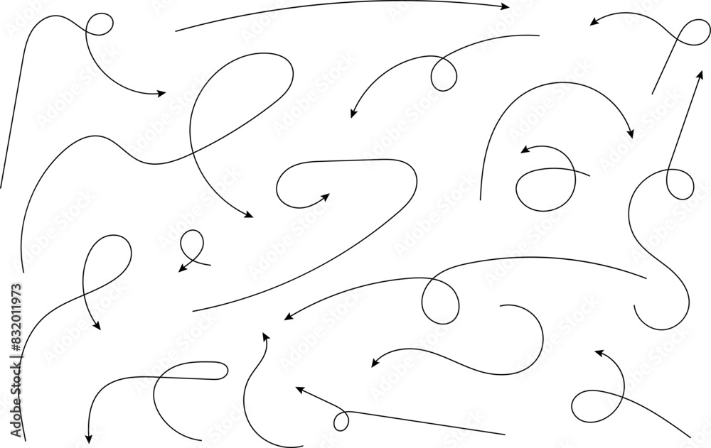 Hand drawn arrows. Hand drawn freehand different curved lines, swirls arrows. Curved arrow line. Doodle, sketch style. Isolated Vector illustration. Hand drawn arrows. Hand drawn freehand different curved lines, swirls arrows. Curved arrow line. Doodle, sketch style. Isolated Vector illustration.