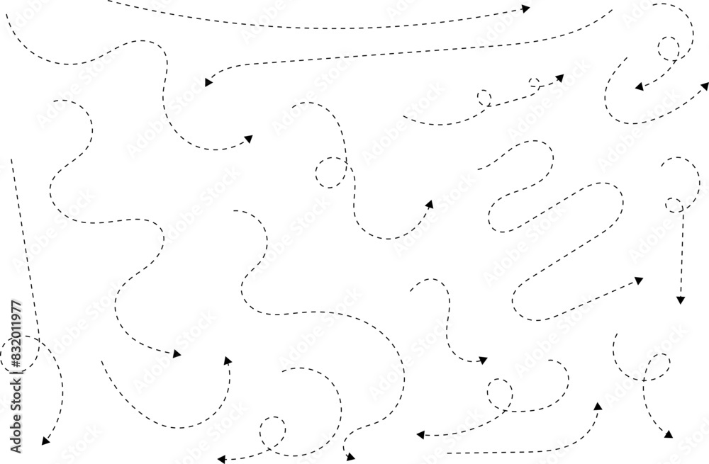 Hand drawn dotted arrows. Hand drawn freehand different curved lines, swirls arrows. Curved arrow line. Doodle, sketch style. Isolated Vector illustration. Hand drawn dotted arrows. Hand drawn freehand different curved lines, swirls arrows. Curved arrow line. Doodle, sketch style. Isolated Vector illustration.