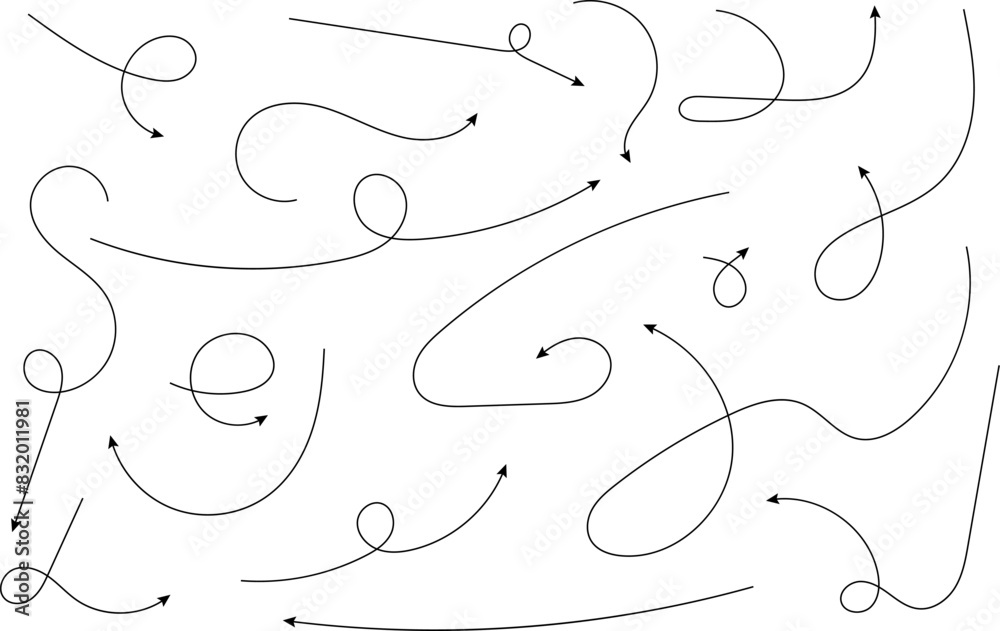 Hand drawn arrows. Hand drawn freehand different curved lines, swirls arrows. Curved arrow line. Doodle, sketch style. Isolated Vector illustration. Hand drawn arrows. Hand drawn freehand different curved lines, swirls arrows. Curved arrow line. Doodle, sketch style. Isolated Vector illustration.