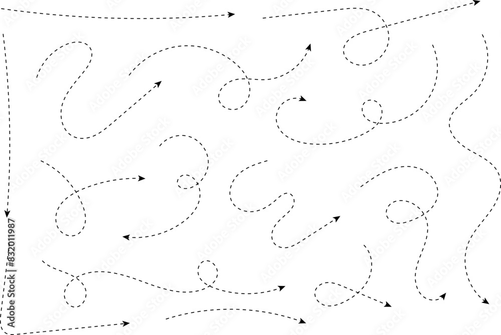Hand drawn dotted arrows. Hand drawn freehand different curved lines, swirls arrows. Curved arrow line. Doodle, sketch style. Isolated Vector illustration. Hand drawn dotted arrows. Hand drawn freehand different curved lines, swirls arrows. Curved arrow line. Doodle, sketch style. Isolated Vector illustration.
