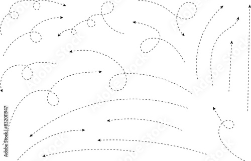 Hand drawn dotted arrows. Hand drawn freehand different curved lines  swirls arrows. Curved arrow line. Doodle  sketch style. Isolated Vector illustration.