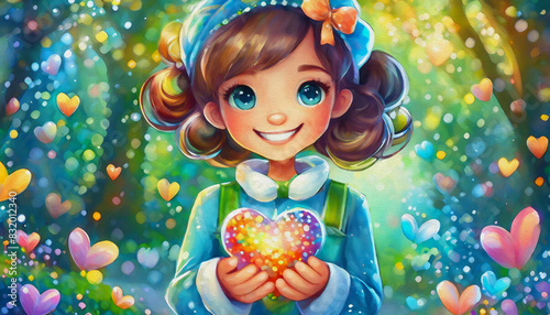 oil painting style Cartoon character Woman Holding Glowing Heart in Hands, Love and Care Concept,