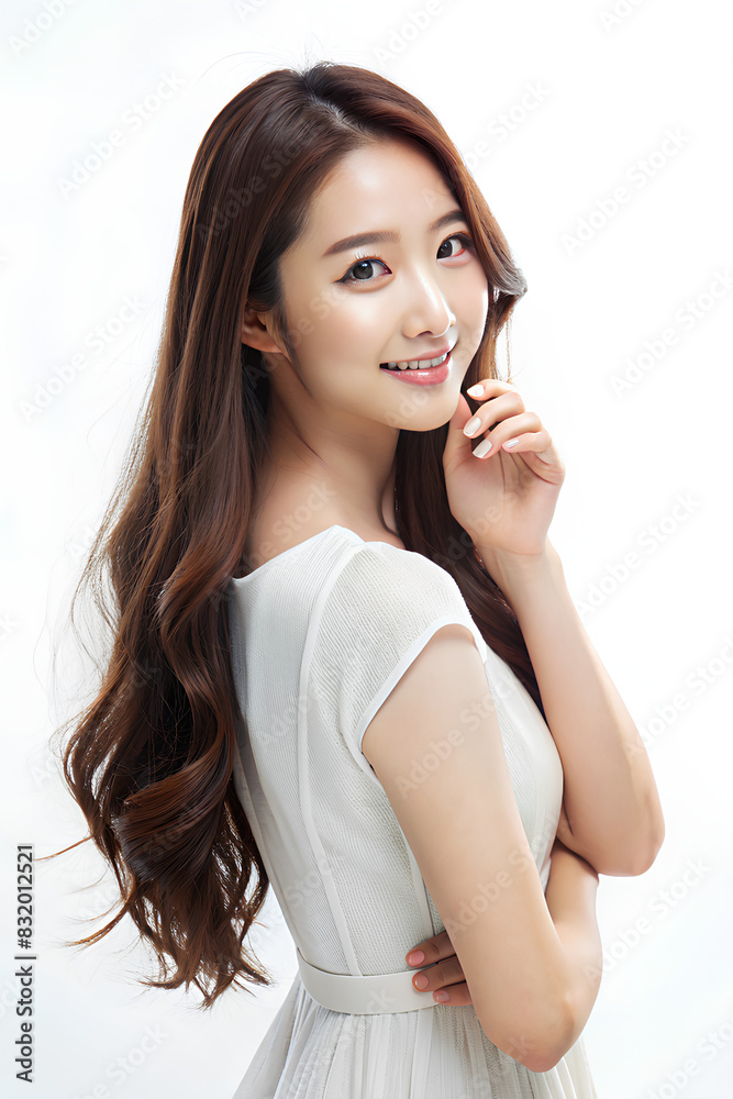 Korean actress, long hair, smile, waist-length, touching her face with one hand, turning her back, looking directly at the camera white background, wearing a white dress Korean actress, long hair, smile, waist-length, touching her face with one hand, turning her back, looking directly at the camera white background, wearing a white dress