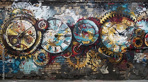 A graffiti wall with an abstract pattern of interlocking gears and clock faces, time in motion