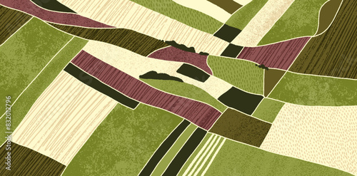 Agriculture field pattern, aerial view. Countryside grassland, farm land from top. Geometric farmland patches, padded mosaic country background, natural patchwork texture. Flat vector illustration