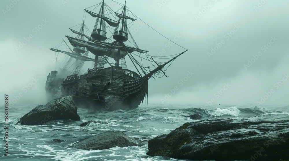 a pirate ship was stranded on a rock in the middle of the ocean