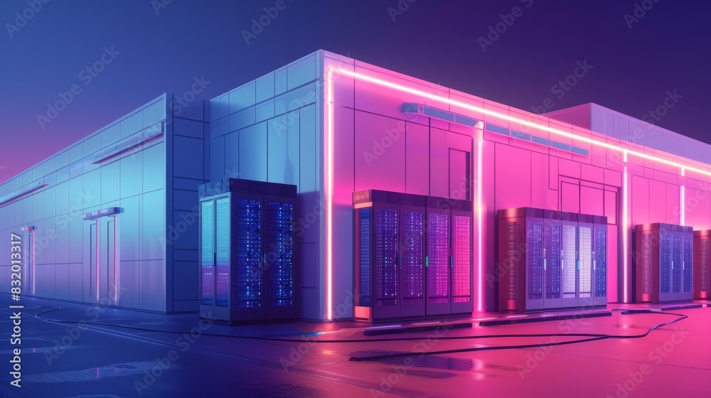 Modern data center with advanced cooling systems, compact server units, secure facility with biometric access, high-tech network infrastructure Modern data center with advanced cooling systems, compact server units, secure facility with biometric access, high-tech network infrastructure