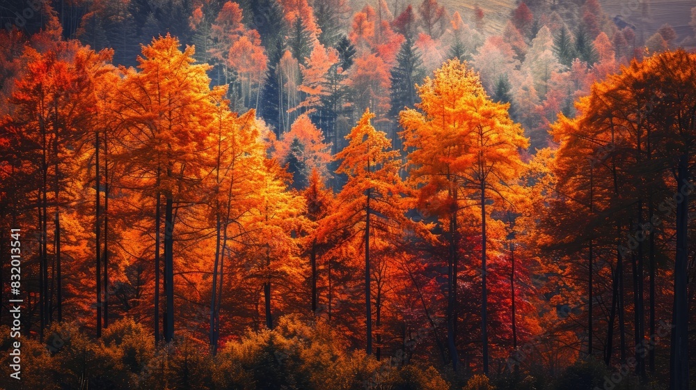 A beautiful autumn landscape with trees in vibrant shades of orange, red, and brown, creating a stunning view