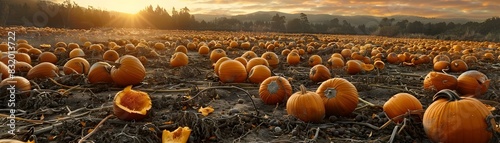 Abandoned pumpkin patch ravaged by an invasive beetle species in the autumn season photo