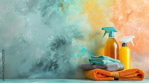 Isolated shot of eco-friendly cleaning tools, featuring a spray bottle and microfiber cloths, watercolor backdrop, web banner format with text space, studio lighting