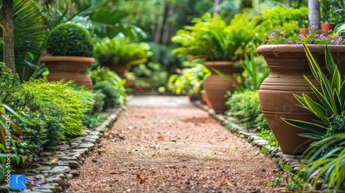 A beautiful garden with a stone path, lush green plants, and earth-tone flower pots creating a serene space