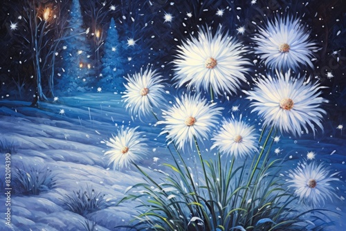 Beautiful winter scene with white flowers against a starry night.