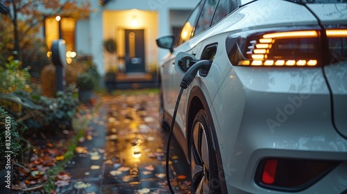 Detailed view of a white electric car plugged into an EV charger in a residential garage, showcasing eco-friendly transportation solutions