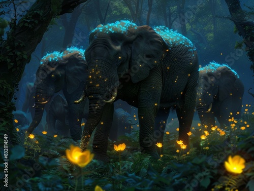 Elephant glows in the dark Their tusks glowed with a glow. © Thi