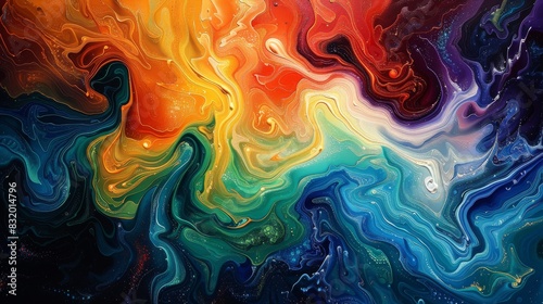 A colorful abstract painting with a blue and orange swirl