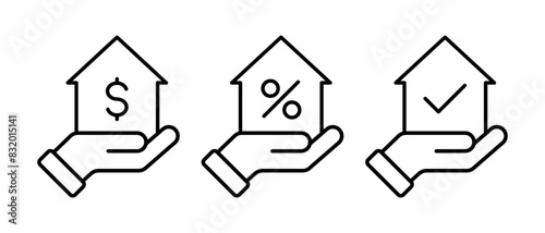 Home icon vector set. Outline real estate with hand symbol